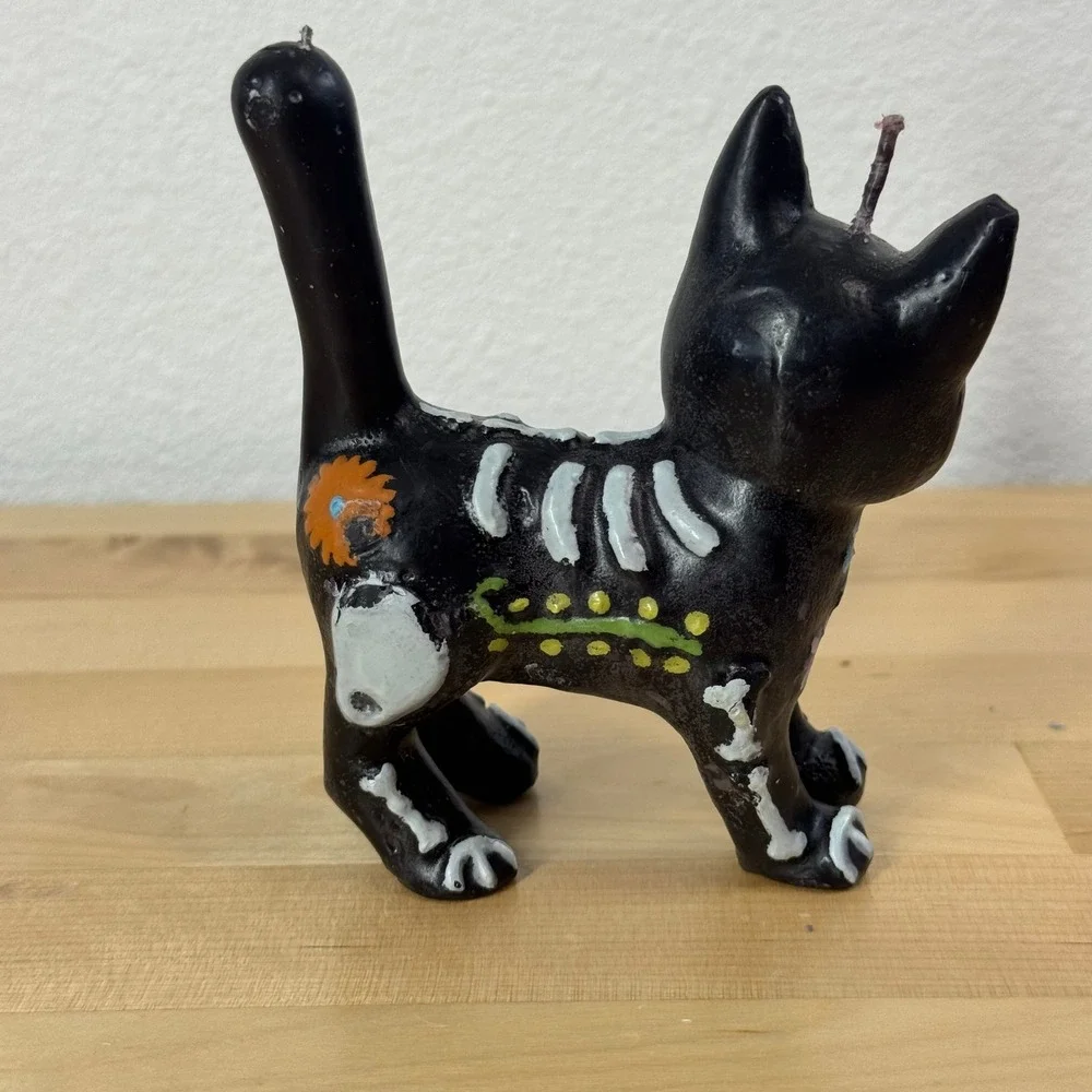 Day of the Dead Black Cat Skeleton Candle Hand Painted Dia de los Muertos Decor
